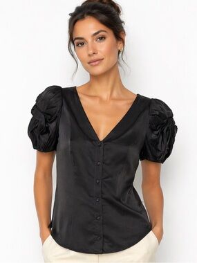 Armani Exchange Silk Black Puff Sleeve Blouse